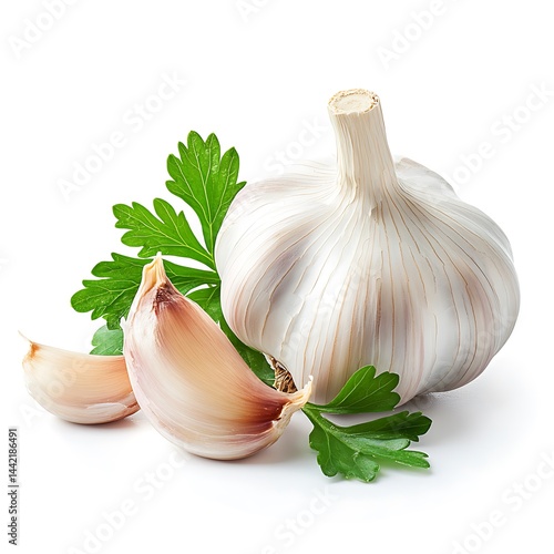Garlic Head Cloves and Parsley isolated on white background