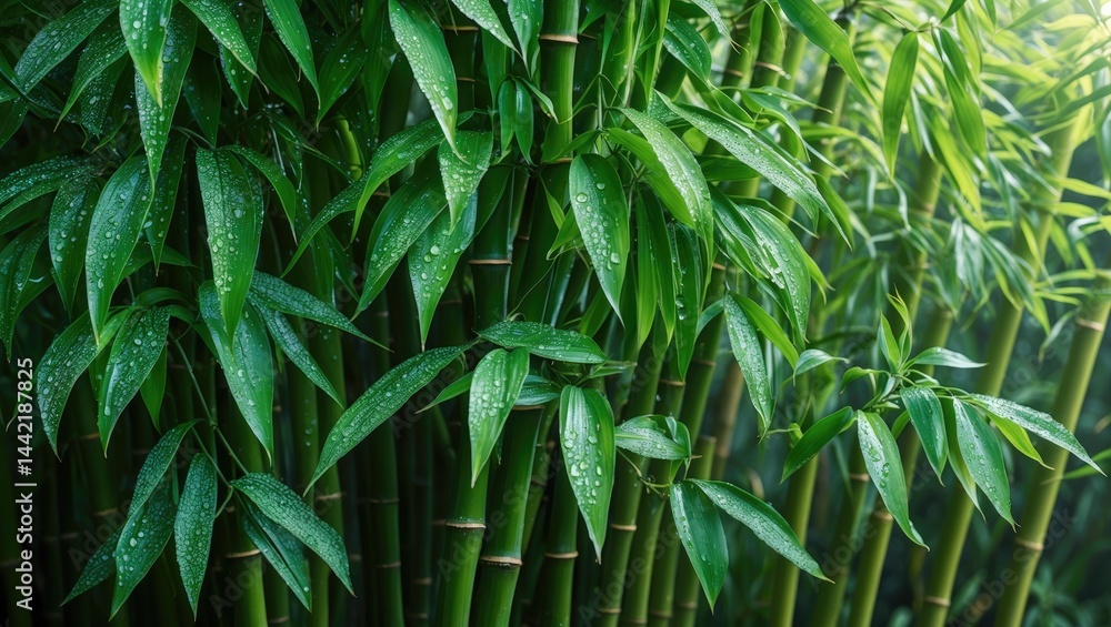 Dense bamboo foliage with tiny water droplets on elongated leaves, highlighting natural beauty and organic textures Dense bamboo foliage with tiny water droplets on elongated leaves, highlighting natural beauty and organic textures