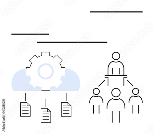 Gear in cloud connecting to documents, hierarchical team structure showing data sharing. Ideal for teamwork, cloud storage, automation, networking, collaboration, project management, leadership flat