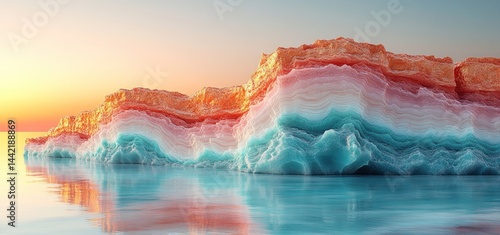 Sunset over a surreal, layered rock formation reflecting in calm water, a digital art piece showcasing vibrant colors and tranquil atmosphere.