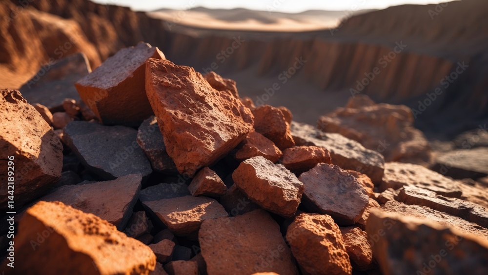 Close-up of iron ore and earth relief showing mineral extraction in a quarry setting Close-up of iron ore and earth relief showing mineral extraction in a quarry setting