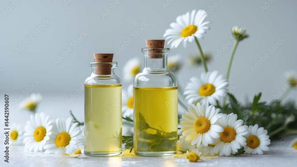 Fresh chamomiles and essential oil bottles isolated on a background Fresh chamomiles and essential oil bottles isolated on a background