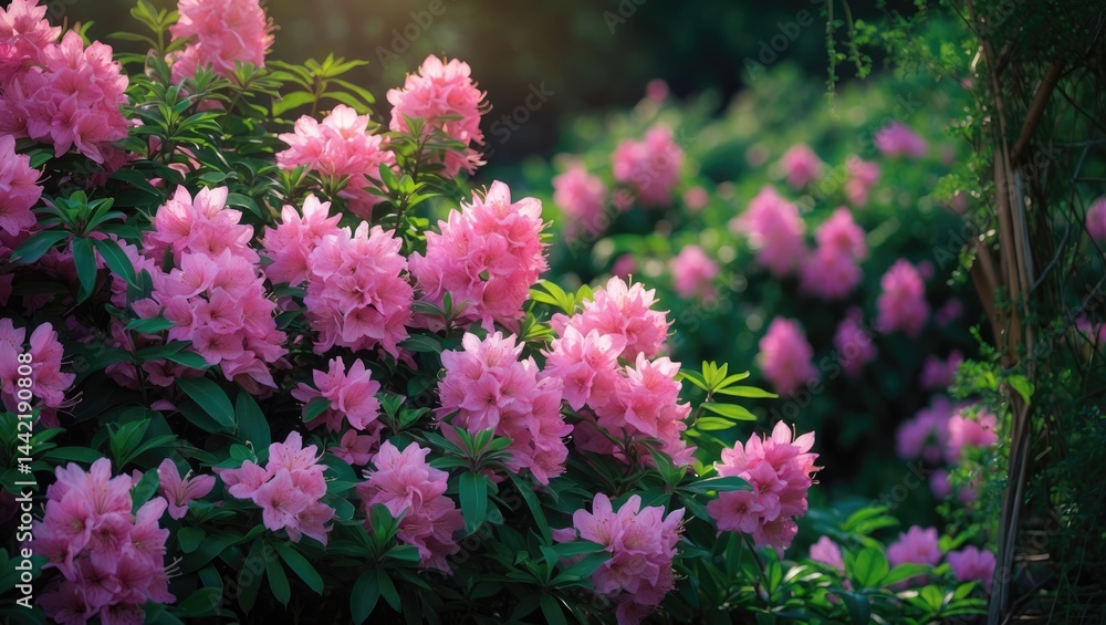 Fototapeta premium Close-up of a blooming flower bush in sunlight with a spring floral background