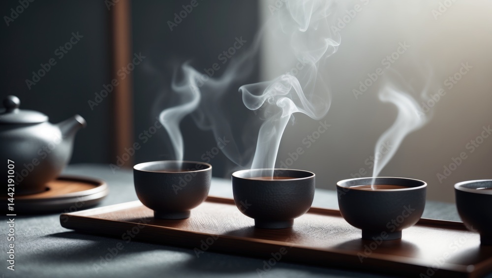 Cups of tea poured in advance of the ceremony with incense. Cups of tea poured in advance of the ceremony with incense.