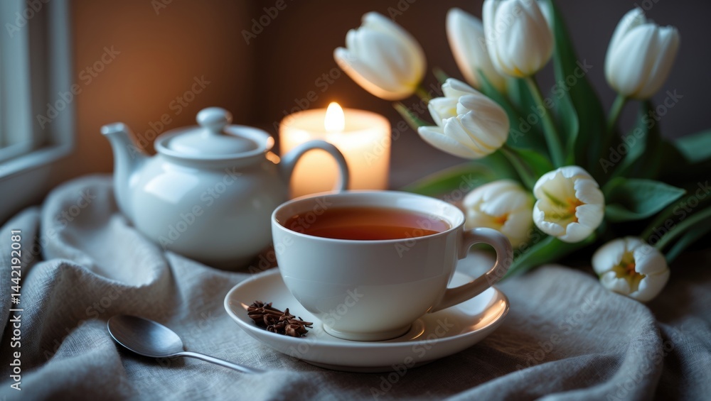 Atmospheric photo featuring a tea cup, tulips, and a candle in close-up Atmospheric photo featuring a tea cup, tulips, and a candle in close-up