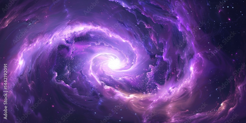 Vivid spiral galaxy displaying vibrant purples and blues with bright central core and swirling cosmic clouds in deep space Vivid spiral galaxy displaying vibrant purples and blues with bright central core and swirling cosmic clouds in deep space