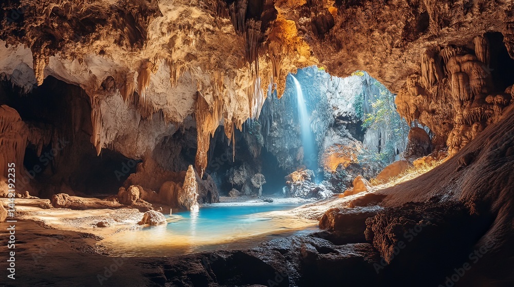 Fototapeta premium Exploring a majestic cave waterfall nature's hidden gem stunning landscape serene atmosphere panoramic view