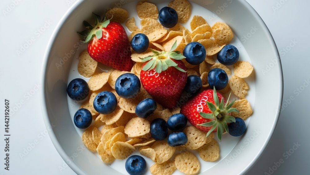 Cornflakes cereal topped with strawberries and blueberries in a white bowl for a nutritious diet Cornflakes cereal topped with strawberries and blueberries in a white bowl for a nutritious diet