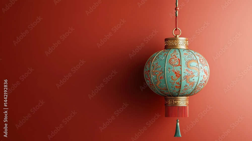 Teal and Orange Lantern with Gold Accents on Red Gradient Background Teal and Orange Lantern with Gold Accents on Red Gradient Background