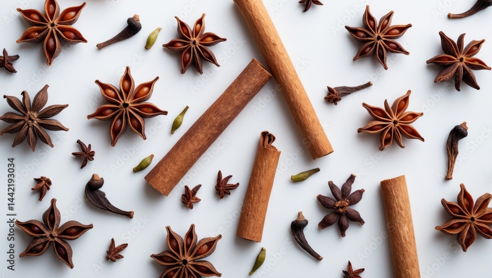 Abstract flat lay of star anise, cinnamon sticks, and clove on a background. Abstract flat lay of star anise, cinnamon sticks, and clove on a background.