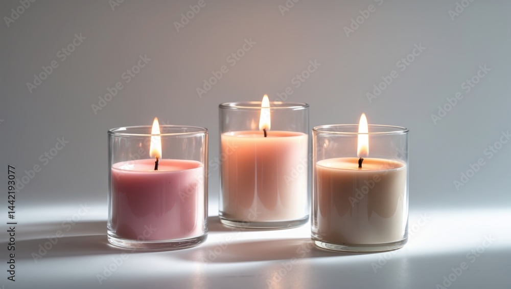 Colored wax candles housed in glass containers against a white backdrop Colored wax candles housed in glass containers against a white backdrop