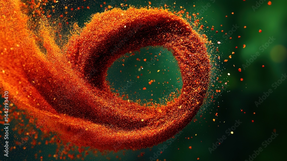 Fototapeta premium Fibonacci Spiral Levitation of High-Quality Red Chili Powder, Dynamic Splash on Green Background