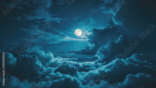 Fototapeta Naklejka Na Ścianę i Meble -  Night sky featuring moon and clouds. Bluish tint.