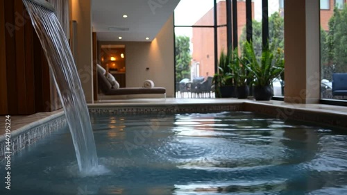 Wallpaper Mural Indoor spa pool with cascading water feature, modern design, natural light from large windows, tranquil atmosphere, relaxing setting Torontodigital.ca
