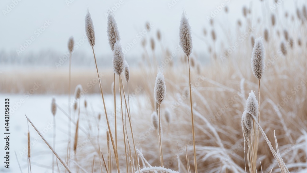 Obraz premium Snow-draped dry reeds on an ice-covered lake.
