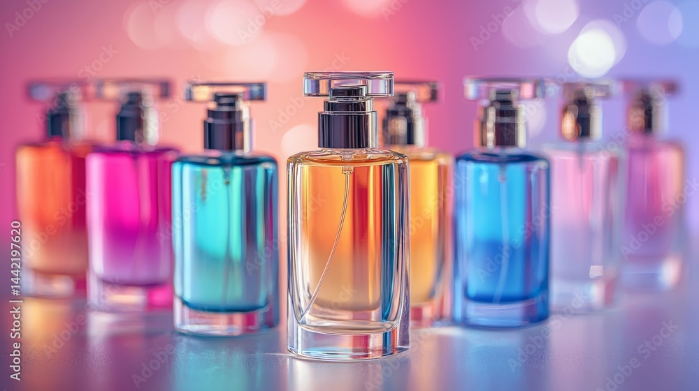 Colorful Bottles of Fragrance on a Soft Blurred Background Colorful Bottles of Fragrance on a Soft Blurred Background