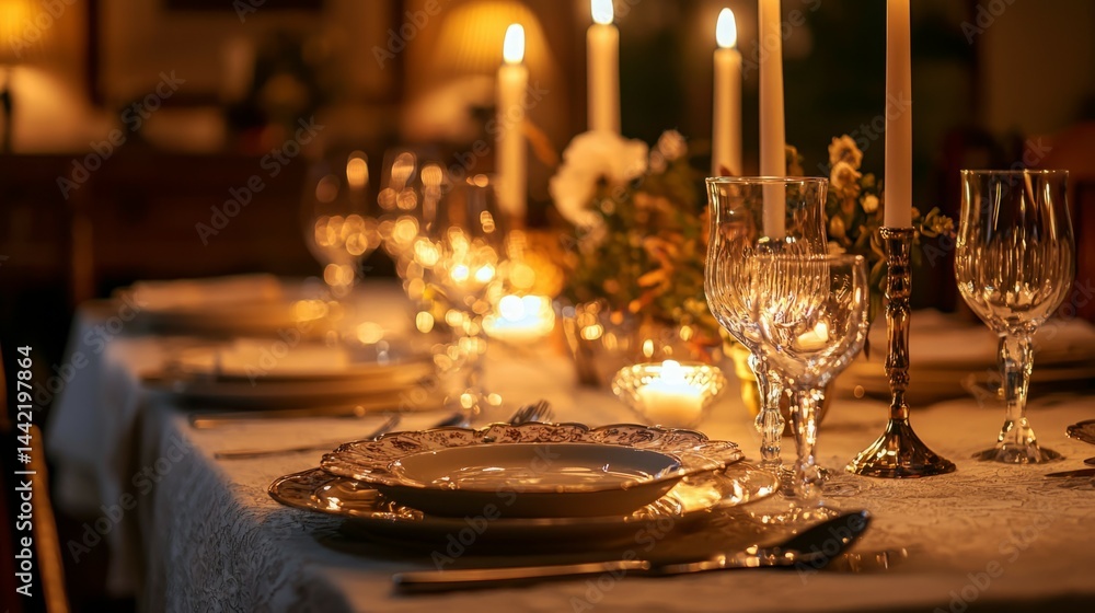 Elegant Dining Setup with Candles and Crystal Glassware in Evening Elegant Dining Setup with Candles and Crystal Glassware in Evening