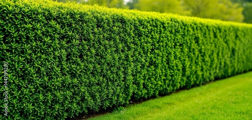 Lush green hedge neatly trimmed, bordering a vibrant lawn Ample copy space,  property, blank space