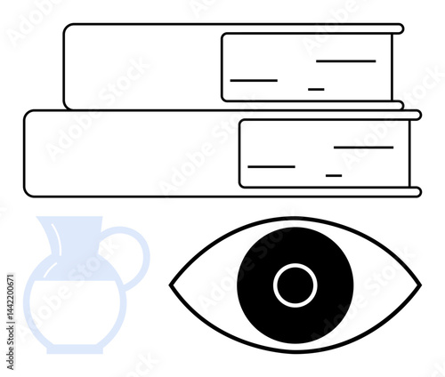 Two stacked books, an eye symbol, and a jug outline evoke education, observation, and contemplation. Ideal for learning, vision, creativity, mindfulness art curiosity and a simple landing page