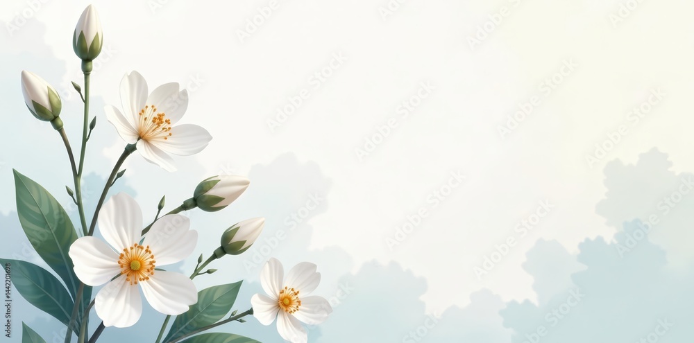 Fototapeta premium Minimalist wallpaper featuring serene watercolor white flowers, wallpaper, painting, watercolor