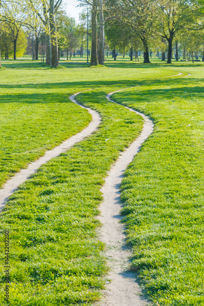 Fototapeta premium Two tracks in the grass of one of the urban parks in Milan, Italy, named 