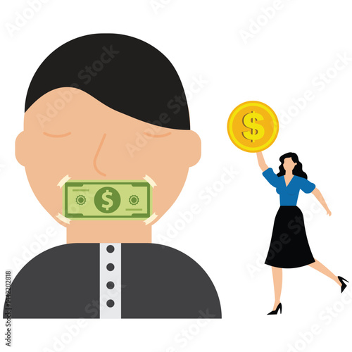 Cash money dollar banknote covering businesswoman mouth buying silence telling him to shut up