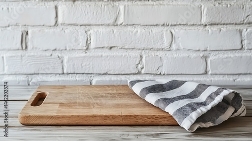 Wooden Cutting Board with Striped Towel on Table Against White Brick Wall Backdrop
