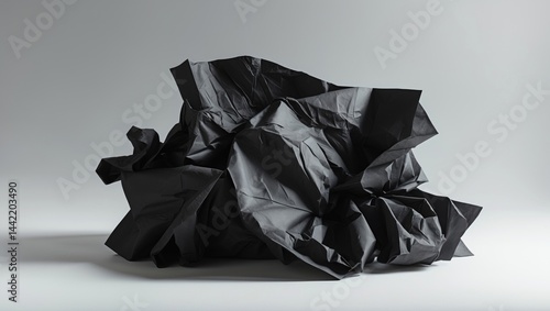 Crinkled black paper with distinct lines and highlights developing an abstract formation.