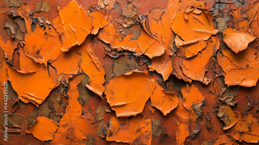 Textured, peeling orange paint on a weathered surface, vibrant and rustic appearance. Textured, peeling orange paint on a weathered surface, vibrant and rustic appearance.