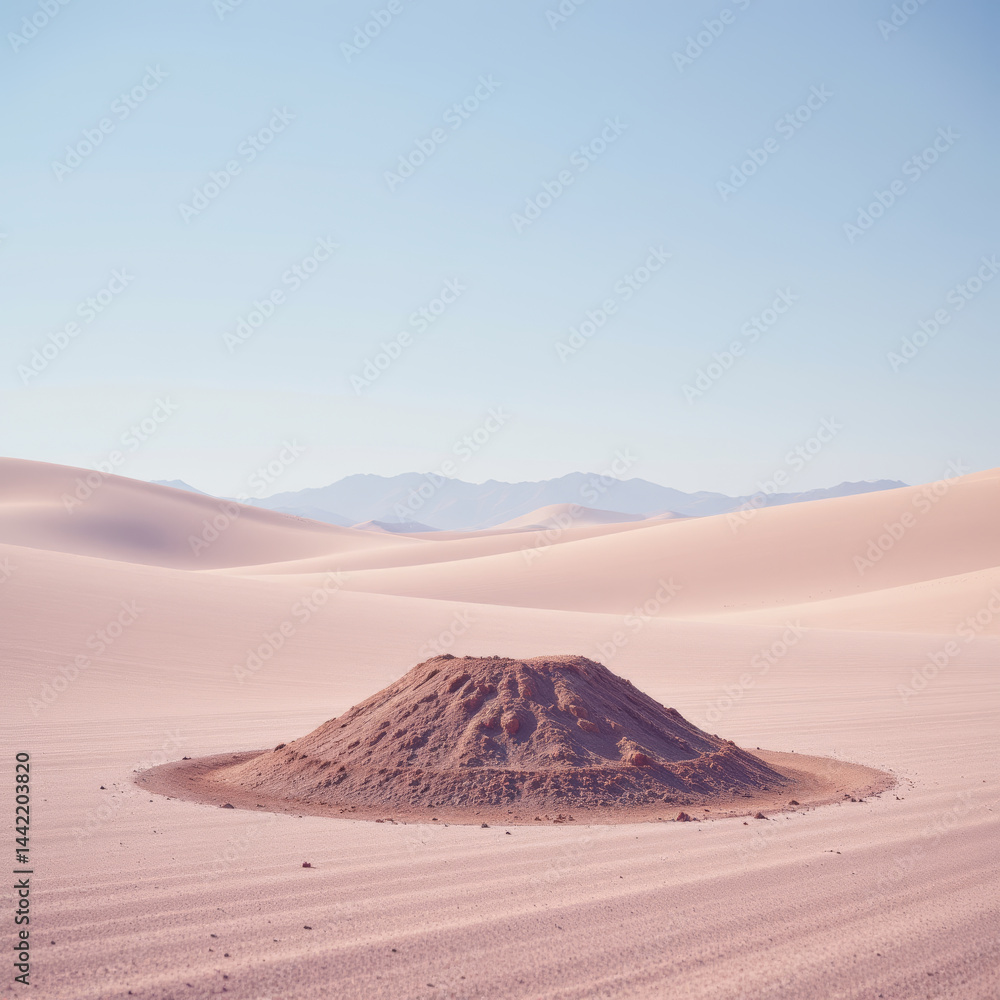 Serene desert landscape showcases smooth, circular mound of sand surrounded by vast dunes under clear blue sky. scene evokes sense of tranquility and isolation Serene desert landscape showcases smooth, circular mound of sand surrounded by vast dunes under clear blue sky. scene evokes sense of tranquility and isolation