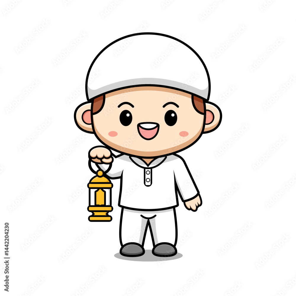Cute Muslim Boy Holding Lantern Character Icon Illustration Suitable for Web Landing Page, Banner, Sticker, Card Cute Muslim Boy Holding Lantern Character Icon Illustration Suitable for Web Landing Page, Banner, Sticker, Card
