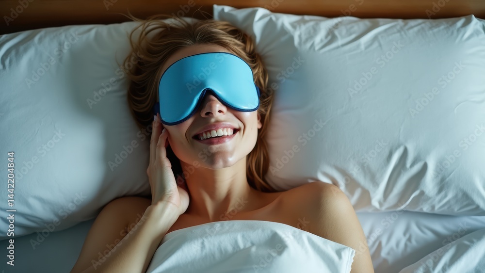 Millennial woman enjoys a restful moment in bed while wearing a blue sleeping mask, radiating joy and tranquility in her cozy room.