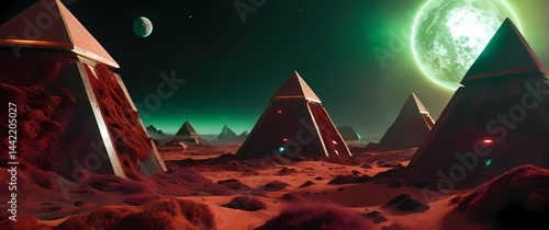 Pyramidal structures on strange planets with reddish dust and glowing emerald moss