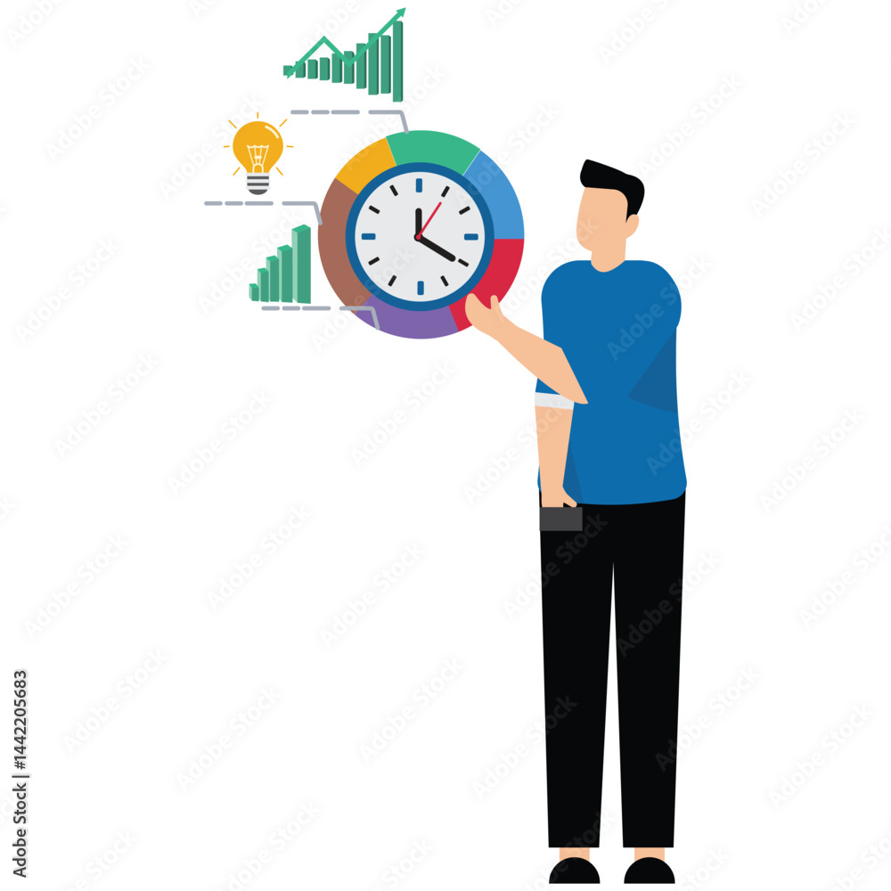 Businessman holding time clock with pie chart routine Businessman holding time clock with pie chart routine