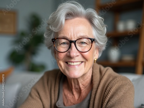Happy grey-haired woman poses on her sofa, wearing glasses and smiling warmly. The cozy living room features a relaxed atmosphere, ideal for family gatherings.