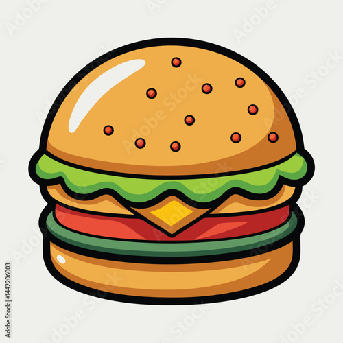 Cartoon Burger Vector Art and Tasty Cheeseburger Clipart with Lettuce, Cheese, and Tomato