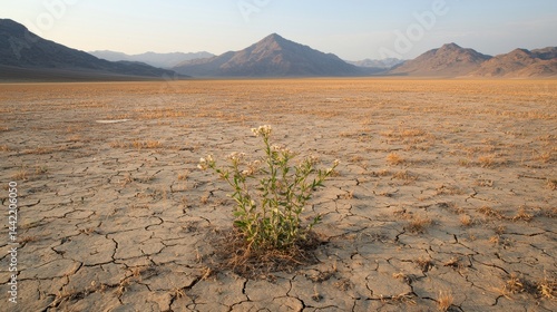 Fototapeta Naklejka Na Ścianę i Meble -  A lone plant with white flowers stands in the middle of a cracked, dry lake bed.