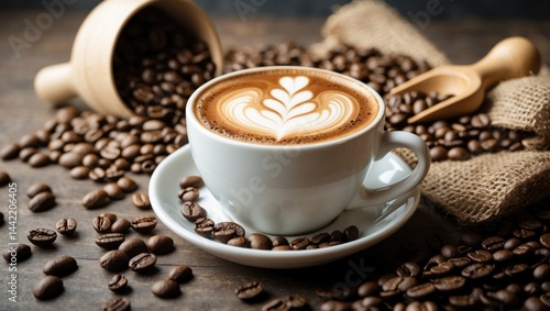 Heart-shaped latte in a cup with coffee beans featured in the background