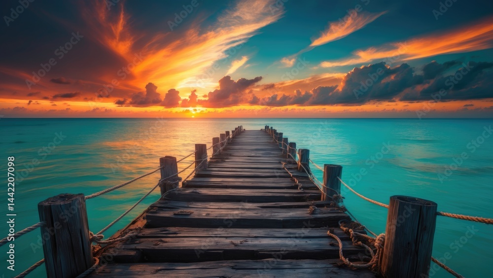 Fototapeta premium Colorful sunset casting glow over pier