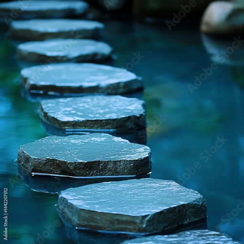 Stone pathway over tranquil blue water, serene natural scene.