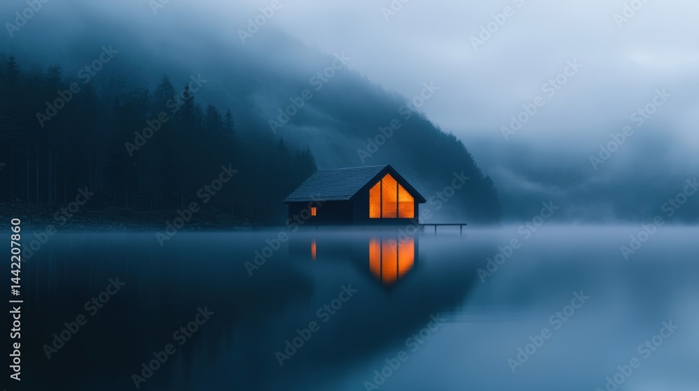 Fototapeta premium Cabin glows in misty water
