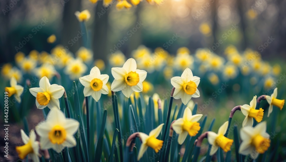 Fototapeta premium Blurred Background of Daffodils in Bloom Under Gentle Natural Light