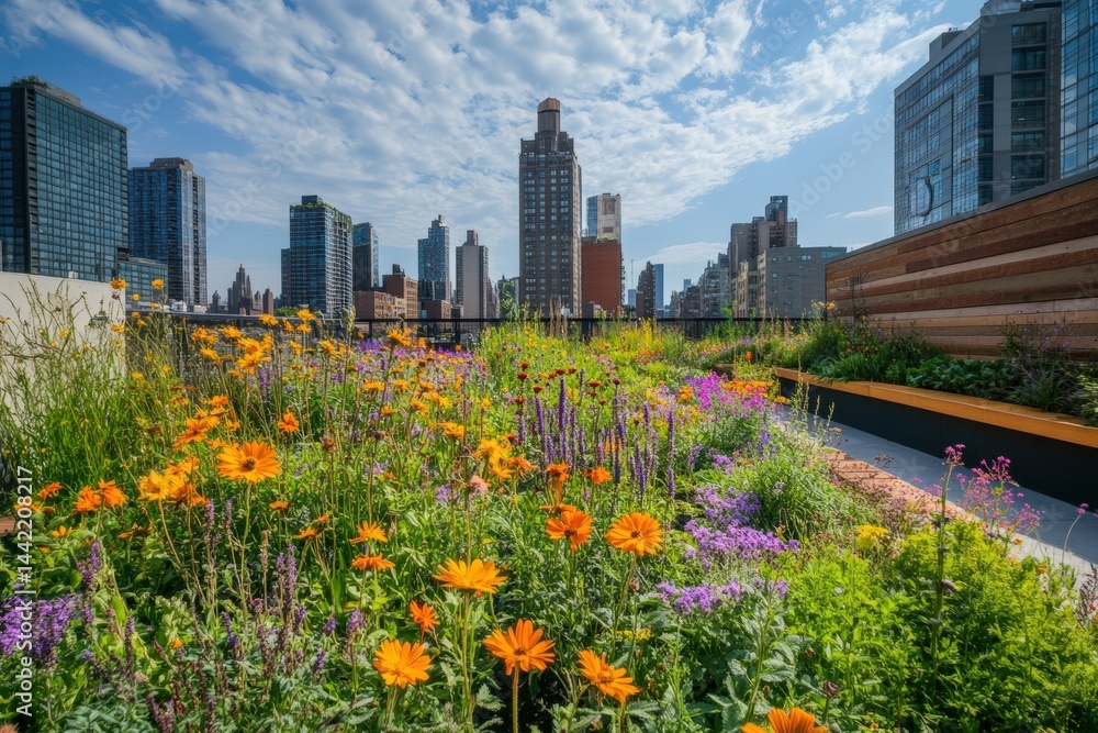 Obraz premium Vibrant rooftop garden oasis with wildflowers against urban skyline