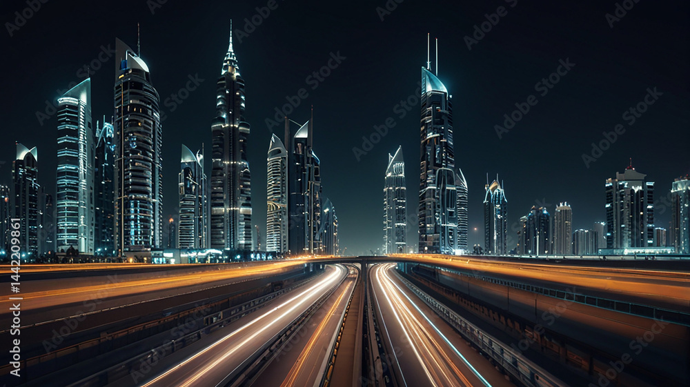 Fototapeta premium Futuristic Dubai Skyline at Night with Light Trails - High-Speed Long Exposure Cityscape