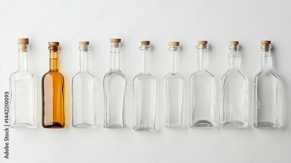 Variety of Glass Bottles with Cork and Metal Caps on White Surface
