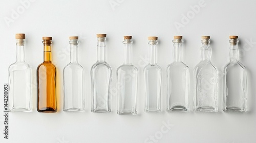 Obraz na płótnie Variety of Glass Bottles with Cork and Metal Caps on White Surface w salonie