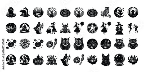  Spooky Halloween Creatures Silhouette Vector Bundle Isolated on transparent background