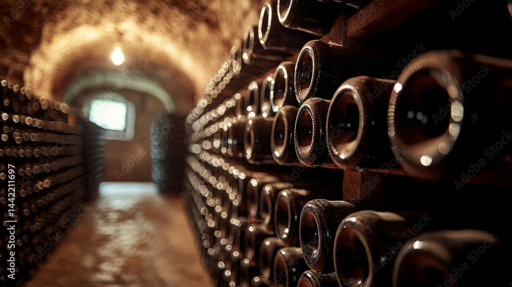 Dimly Lit Wine Cellar with Rows of Bottles and Stone Walls