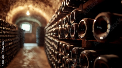 Obraz na płótnie Dimly Lit Wine Cellar with Rows of Bottles and Stone Walls w salonie