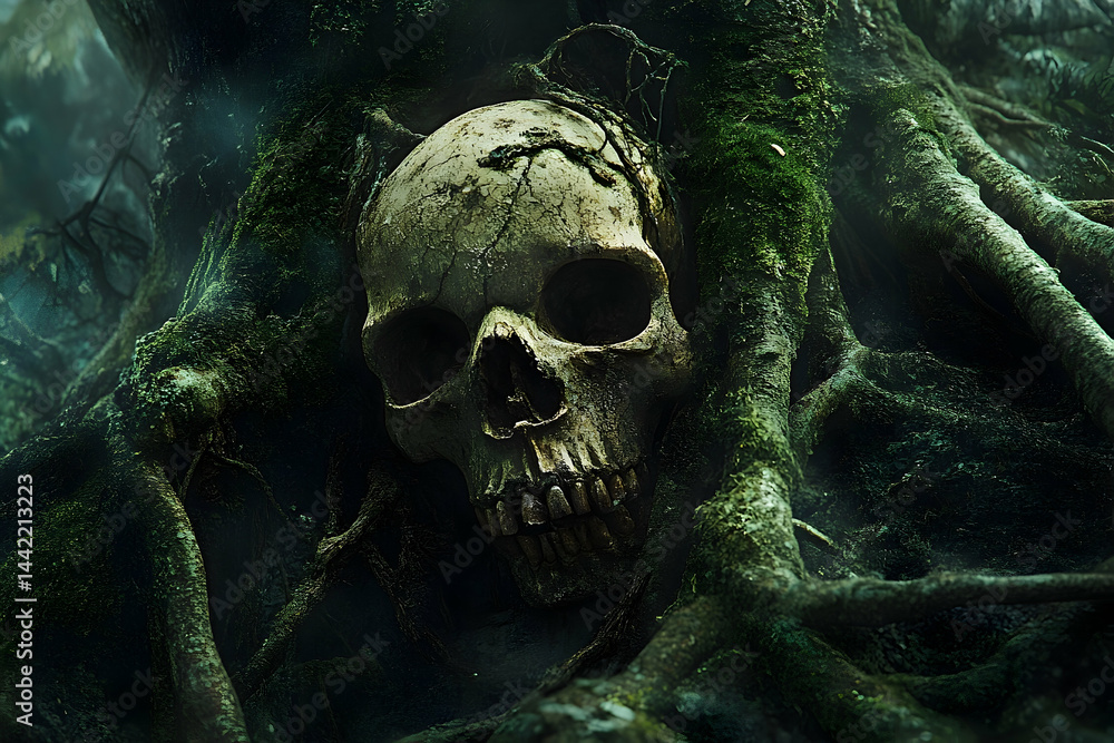 A skull nestled within a tangle of mossy forest roots. A skull nestled within a tangle of mossy forest roots.